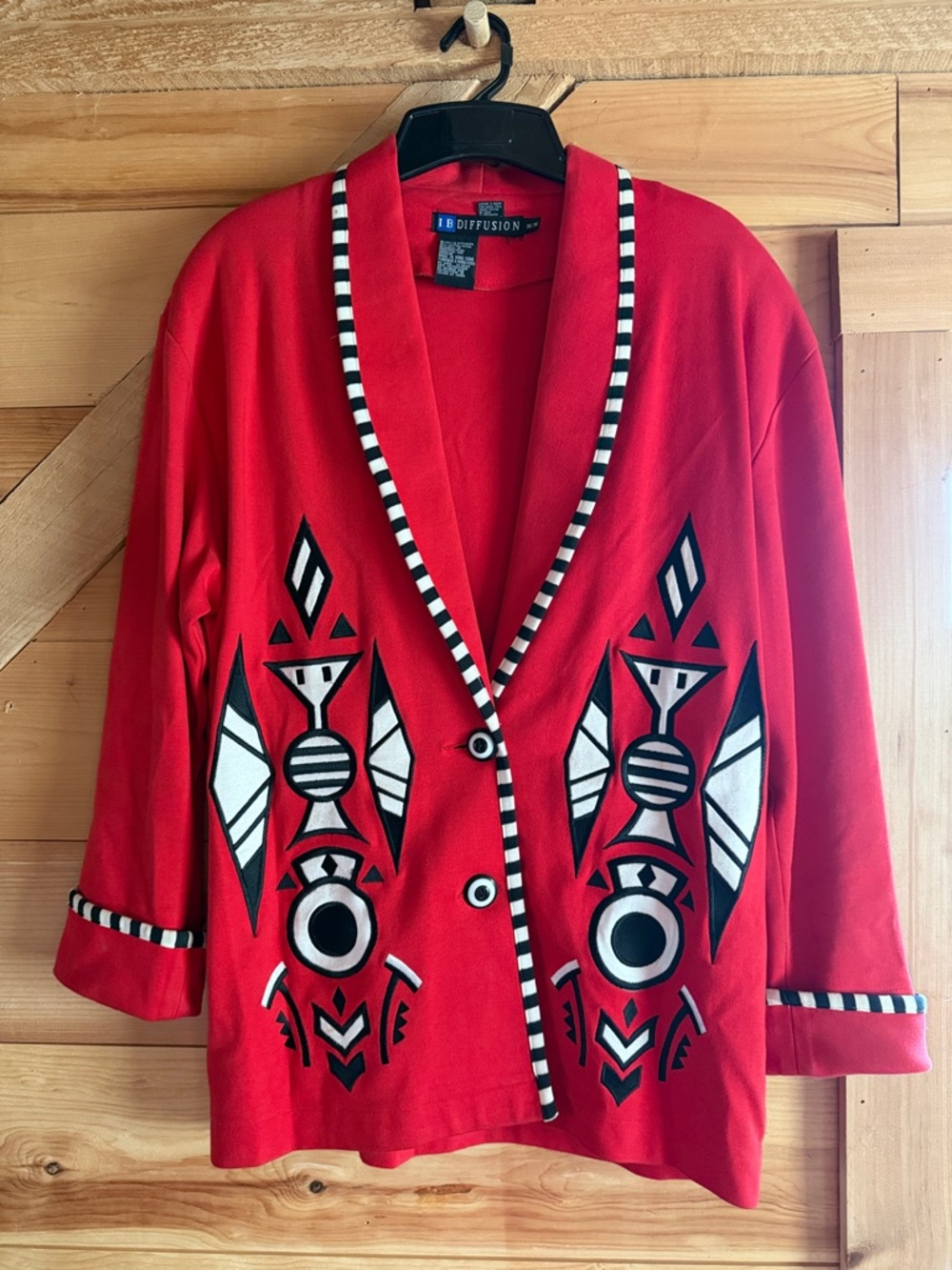 I.B. Diffusion Red Geometric Button Front Cotton Blazer